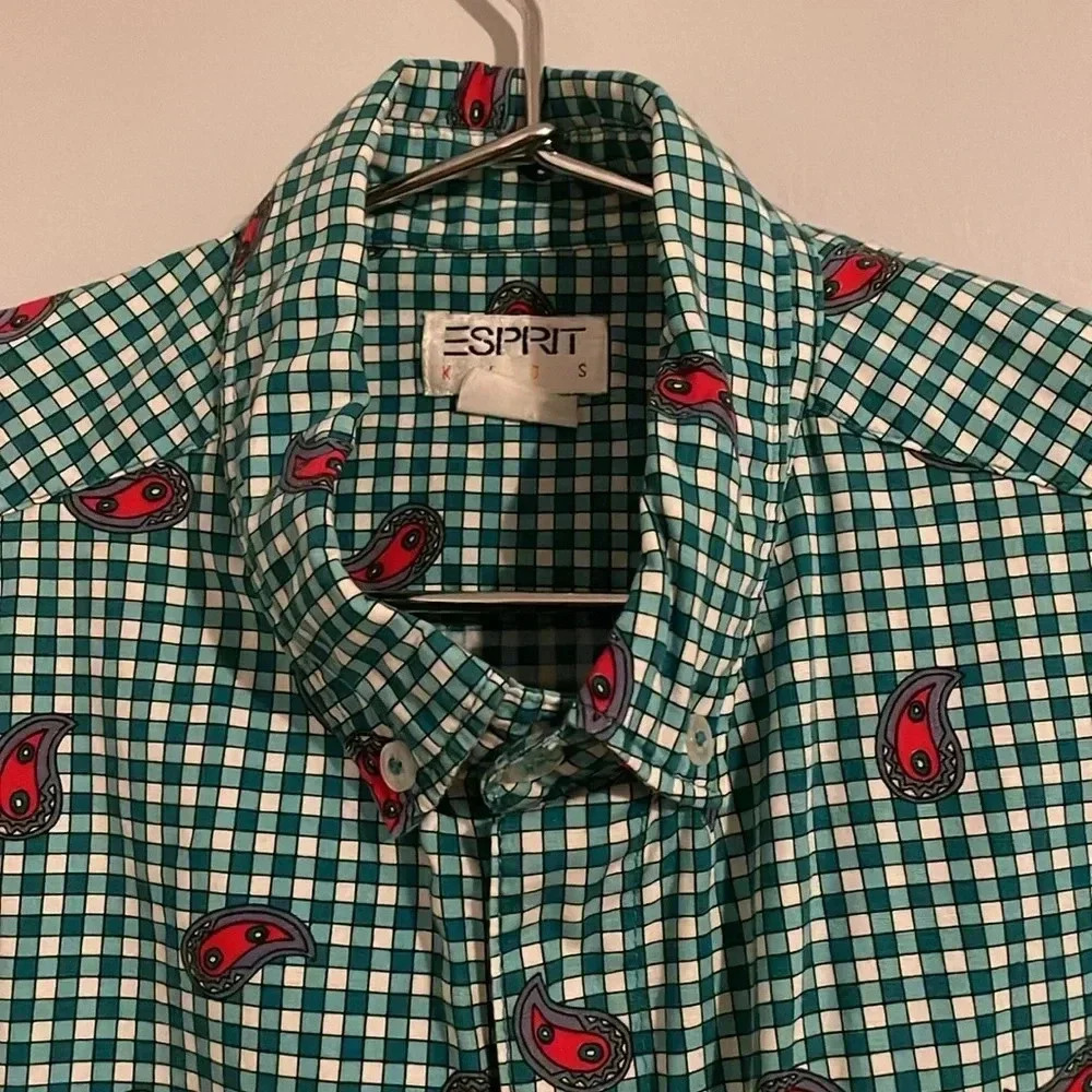 ESPRIT kids vintage paisley & checkered cotton button down 10-11yr red & green